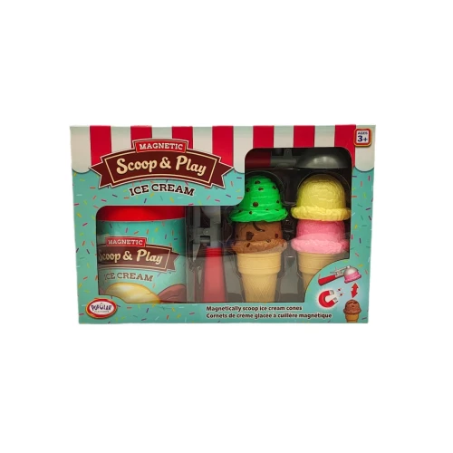Zbliżenie na magnetyczne gałki lodów i rożki waflowe w zestawie Lodziarnia Scoop &amp; Play
