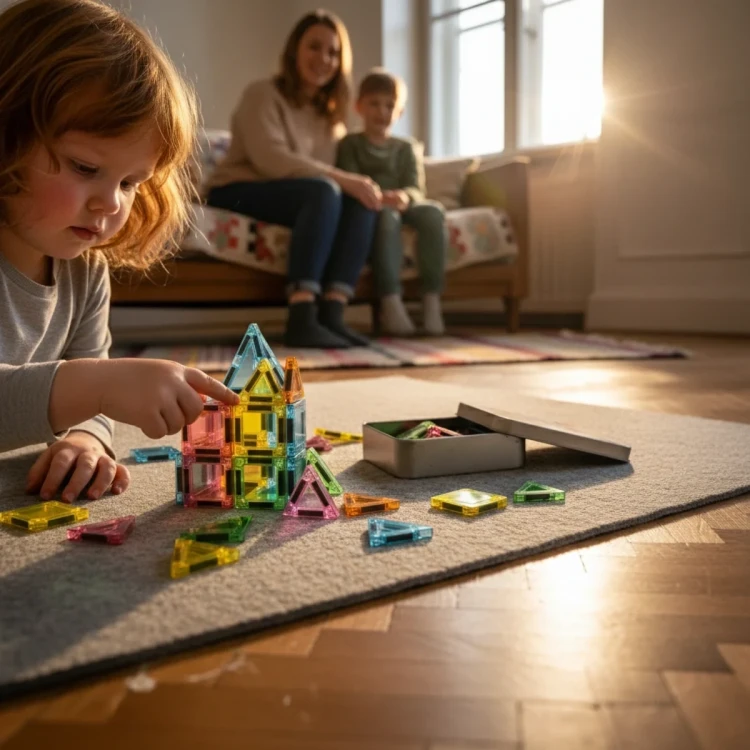 Zbliżenie półprzezroczystych płytek Magnetic Tiles Mini w siedmiu kolorach, pokazane ułożone na stole w prostym układzie