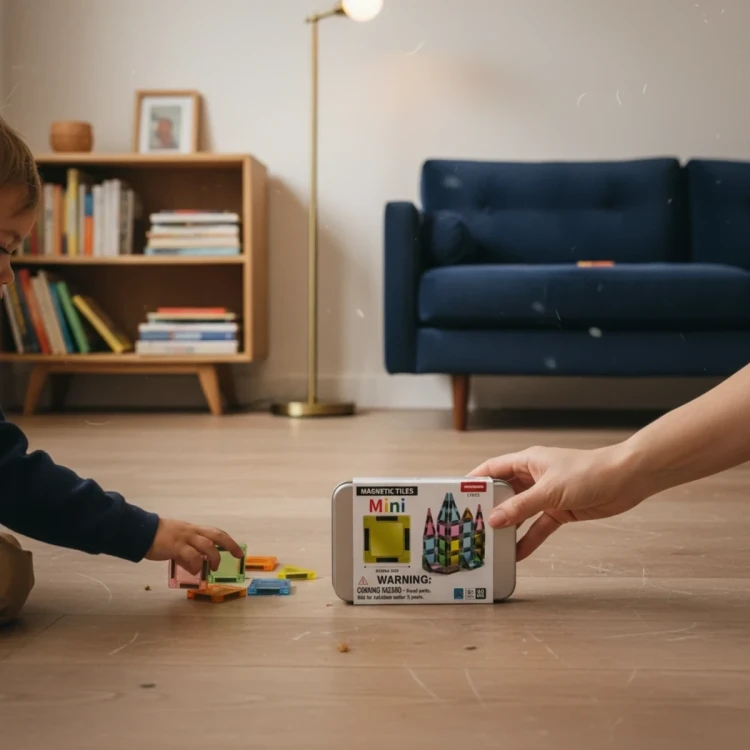 Zestaw 30 elementów Magnetic Tiles Mini ułożony w prostą mozaikę 2D, pokazujący możliwości tworzenia wzorów