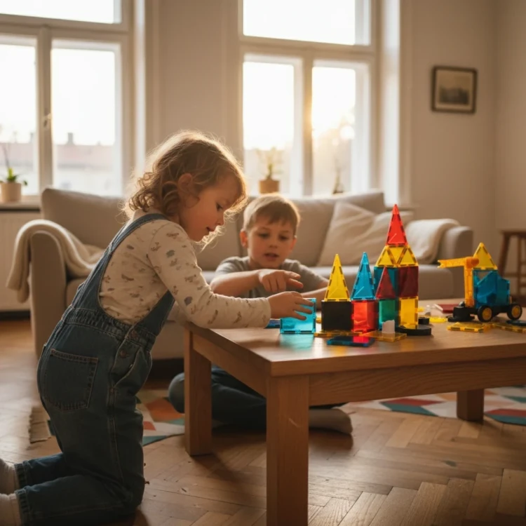 Zbliżenie na panele Magnetic Tiles XL w sześciu kolorach z widocznymi krawędziami magnetycznymi i trwałym tworzywem ABS.