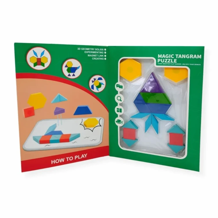 Zbliżenie na kolorowe klocki magnetyczne Tangram 20 el. w sześciu kształtach