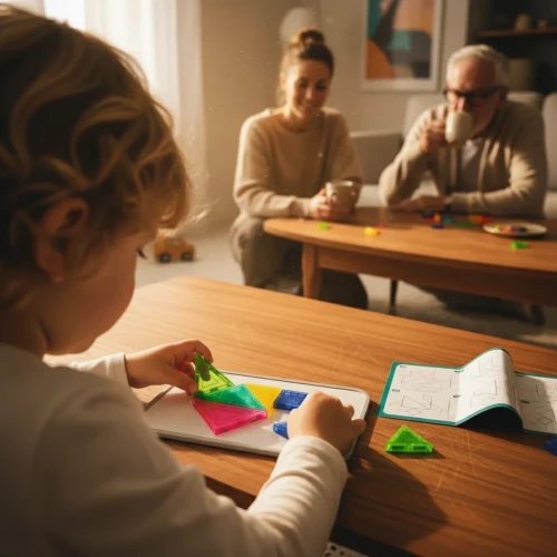 Zbliżenie na pojedyncze elementy tangram wykonane z plastiku ABS z zatopionymi magnesami, różne kształty.