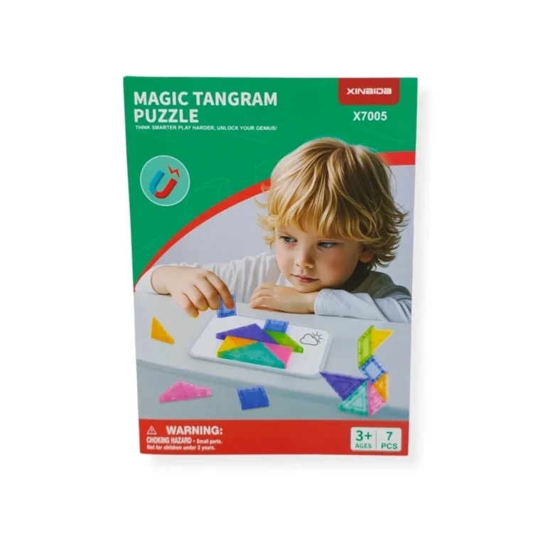 Widok elementów tangram na metalowej powierzchni pokazujący przyczepność dzięki zatopionym magnesom.