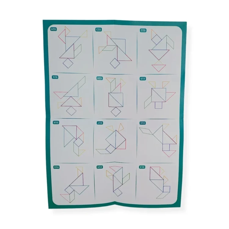 Kolorowe trójkąty i inne kształty tangram ułożone w skomplikowaną figurę ilustrującą poziom trudności.