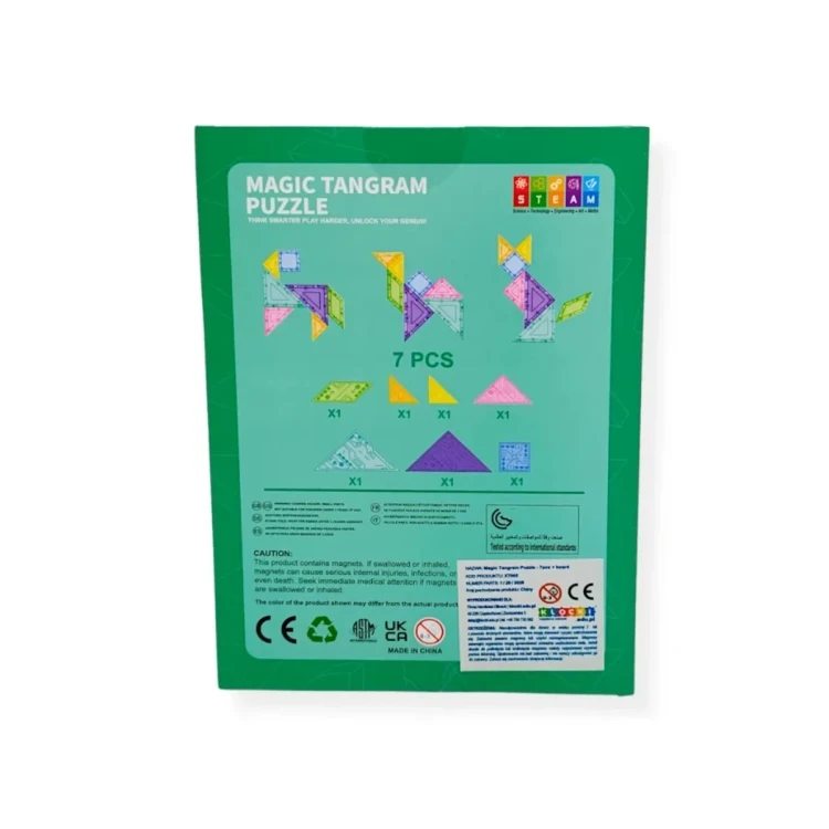 Zestaw tangram z bliska: detal powierzchni elementów ABS i sposób ich łączenia na planszy magnetycznej.