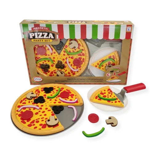 Widok z góry na magnetyczną pizzę Popular Playthings z wyraźnie widocznymi 6 kawałkami, gotowymi do układania dodatków