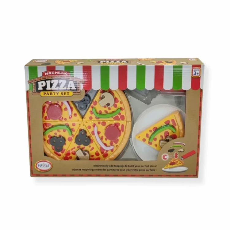 Zbliżenie na magnetyczne dodatki do pizzy: pieczarki, oliwki, plasterki salami, kawałki papryki i cebuli ułożone obok pizzy