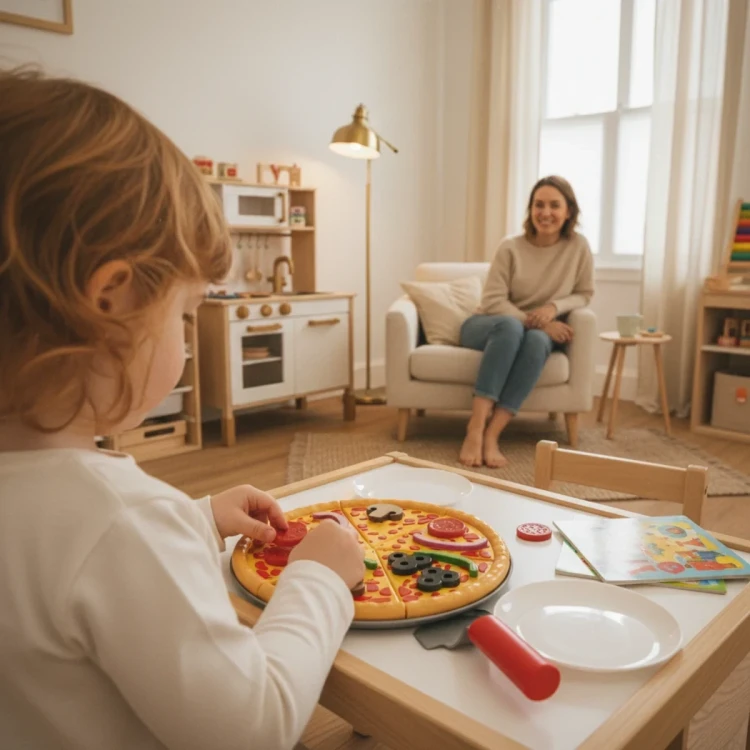 Zestaw elementów edukacyjnych i akcesoriów do zabawy w pizzerię — talerze, łopatka i komplet magnetycznych dodatków
