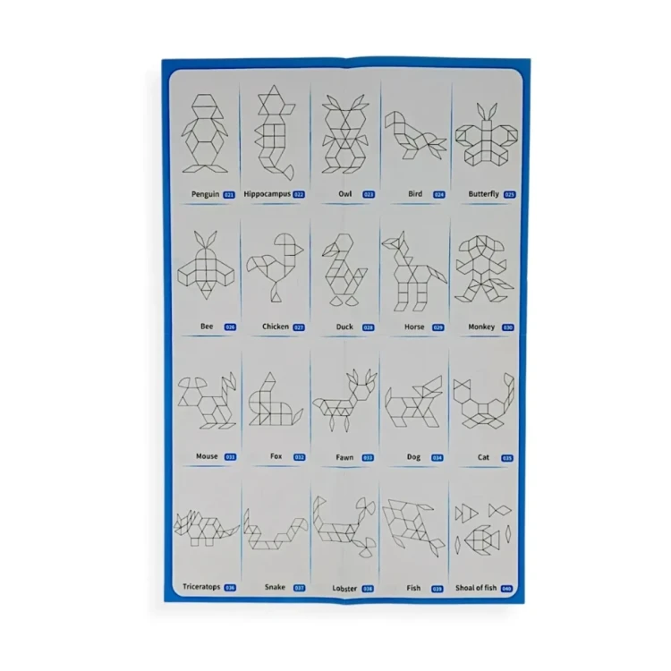 Opakowanie pełniące funkcję planszy roboczej 31×24×4 cm z kilkoma skomponowanymi figurami tangramu