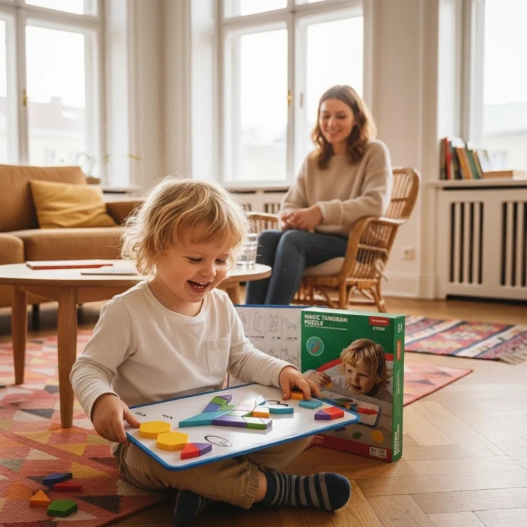 Kompozycja kilku wzorów tangramu ułożonych obok siebie, pokaz możliwości ćwiczeń logicznych i kreatywnych