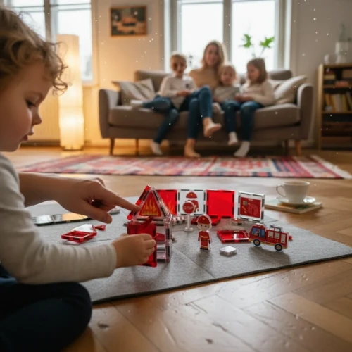 Kompozycja elementów zestawu pokazująca dwa wozy strażackie, figurki i ułożone płytki magnetyczne w różnych kształtach.