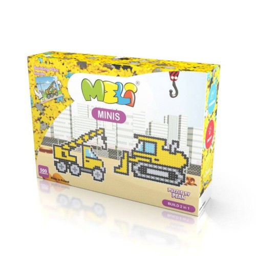 Zestaw Klocki Meli Minis Build 2w1 rozłożone elementy i pudełko, układ kolorów i części do złożenia dźwigu i spychacza.