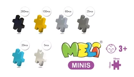 Zmontowany spychacz z zestawu Klocki Meli Minis Build 2w1 pokazany z boku, widoczne ruchome elementy i detale.