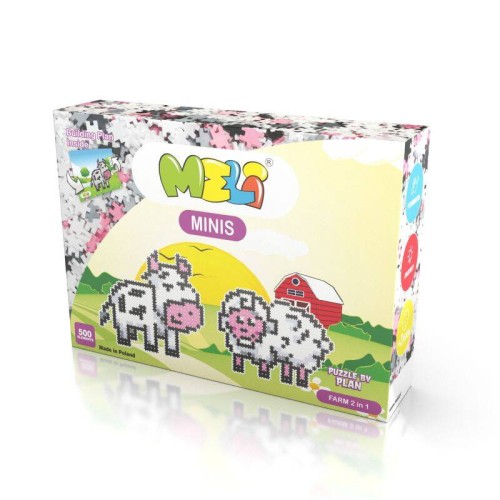 Opakowanie zestawu Klocki Meli Minis Farm 2w1 z informacją o 500 elementach i grafiką modeli krówki i owieczki.