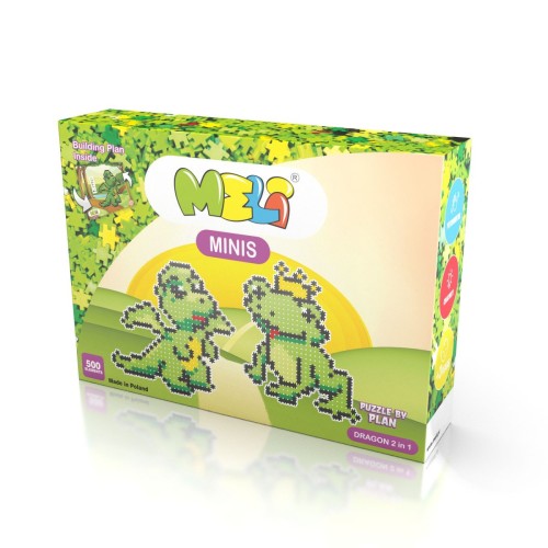 Kolorowe elementy klocków Meli Minis Dragon rozrzucone obok planszy-instrukcji 48 × 69 cm, widok z góry.