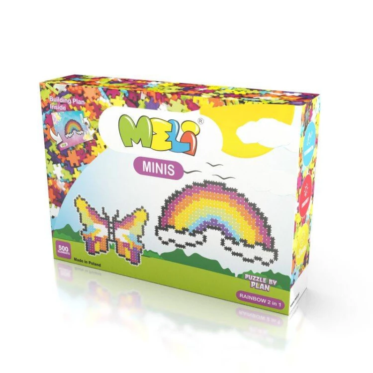 Zestaw Klocki Meli Minis Rainbow z widocznymi elementami w różnych kolorach oraz planszą wzorcową motyla i tęczy.