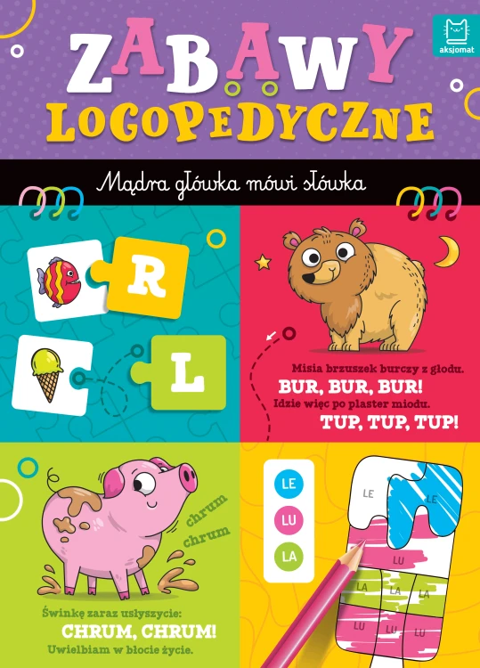 Okładka książki Zabawy logopedyczne przedszkolaka Mądra główka mówi słówka wydawnictwa AKSJOMAT