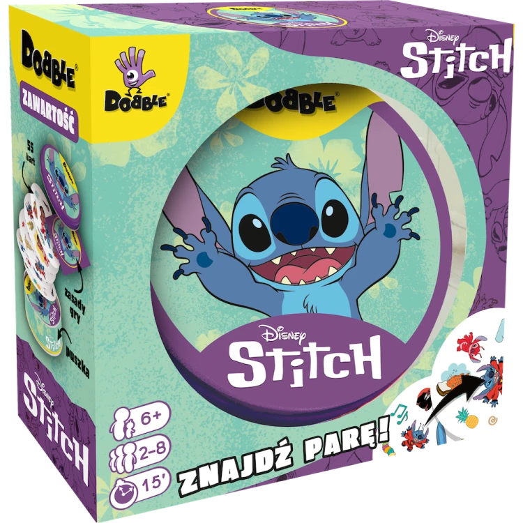 Zbliżenie na karty gry Dobble Stitch z kolorowymi symbolami i postaciami Disneya