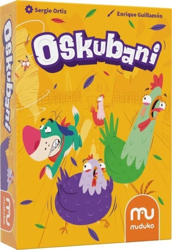 Pudełko humorystycznej gry karcianej Oskubani Muduko z motywem kur i farmy