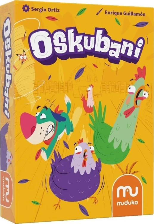 Pudełko humorystycznej gry karcianej Oskubani Muduko z motywem kur i farmy