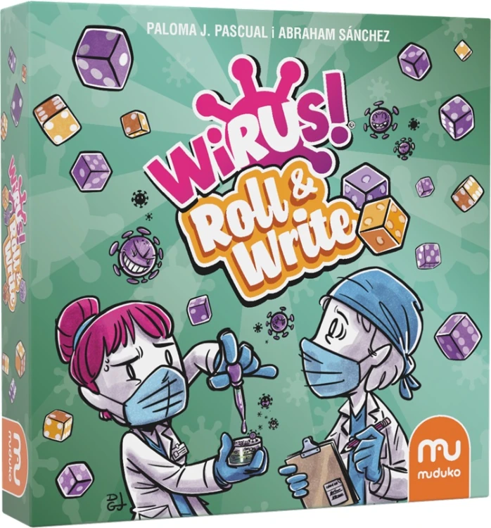 Kości i karty w zestawie gry kościanej Wirus! Roll &amp; Write Muduko