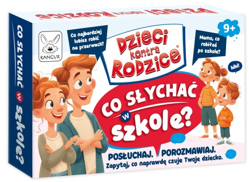 Zbliżenie na karty gry Dzieci kontra Rodzice Co słychać w szkole? KANGUR z pytaniami o emocje i relacje