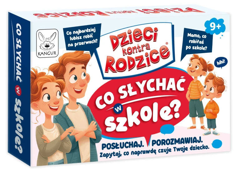 Zbliżenie na karty gry Dzieci kontra Rodzice Co słychać w szkole? KANGUR z pytaniami o emocje i relacje