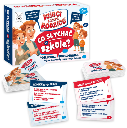 Gra karciana Dzieci kontra Rodzice Co słychać w szkole? KANGUR - pudełko i karty do rozmowy o szkole