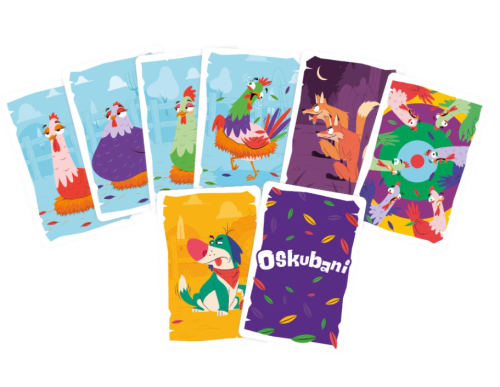 Zbliżenie na kolorowe karty gry Oskubani Muduko z ilustracjami kur i akcji