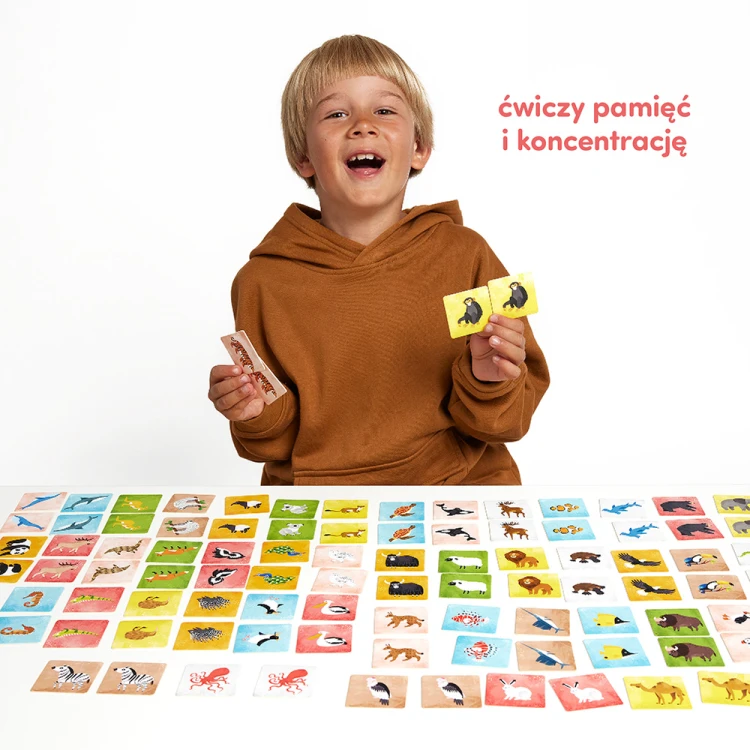 Zbliżenie na karty z gry CzuCzu Memory Zwierzęta świata - zabawa edukacyjna