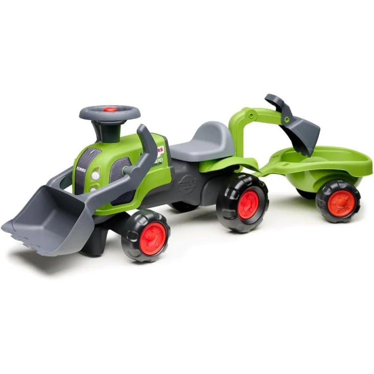 Traktorek jeździk FALK Baby Claas z koparką i przyczepą — widok z przodu, kierownica i łyżka w akcji