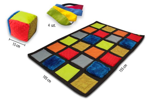 Mata TWISTER sensoryczna Akson 105 x 155 cm — rozłożona mata z widocznymi sześcioma fakturami i detalem tkanin