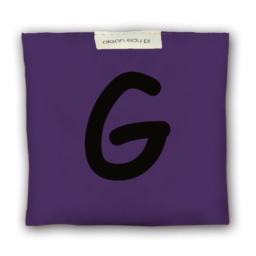 Woreczek gimnastyczny z literką G Akson, żółto-fioletowy — wypełnienie granulkami polipropylenowymi, 10×12 cm