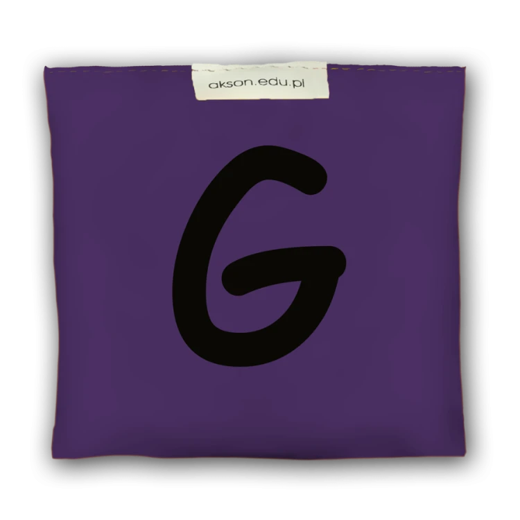 Woreczek gimnastyczny z literką G Akson, żółto-fioletowy — wypełnienie granulkami polipropylenowymi, 10×12 cm