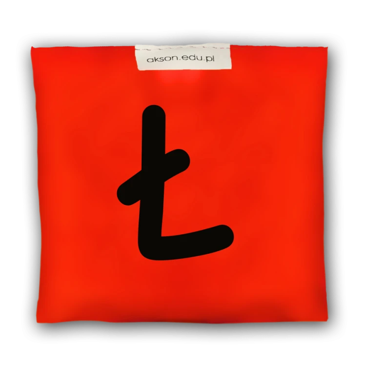 Woreczek gimnastyczny z literką Ł Akson — wariant żółto-czerwony, widok z przodu; wymiary 10 cm x 12 cm, idealny do zabaw i ćwiczeń.