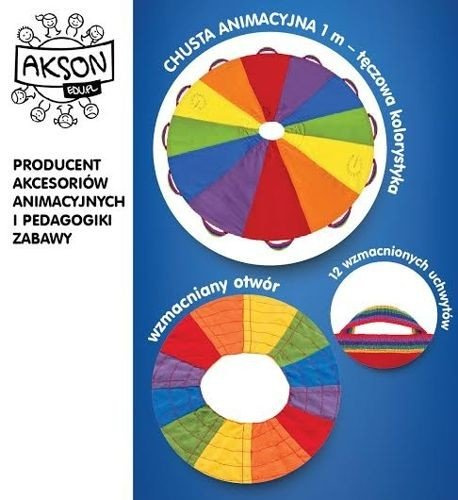Grupa dzieci używa chusty Akson 1,2 m podczas zabaw integracyjnych na zajęciach przedszkolnych.