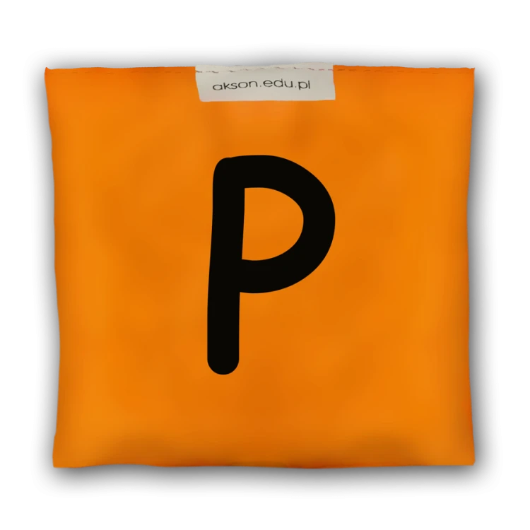 Woreczek gimnastyczny z literką P marki Akson, żółto-pomarańczowy, 10 cm x 12 cm — widok z przodu z nadrukiem litery P i przeszyciami