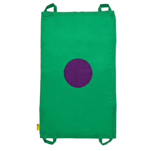 Mini chusta animacyjna 100 x 60 cm Akson — widok całej chusty z naszytym fioletowym kołem i zielonym materiałem, pokazana rozłożona