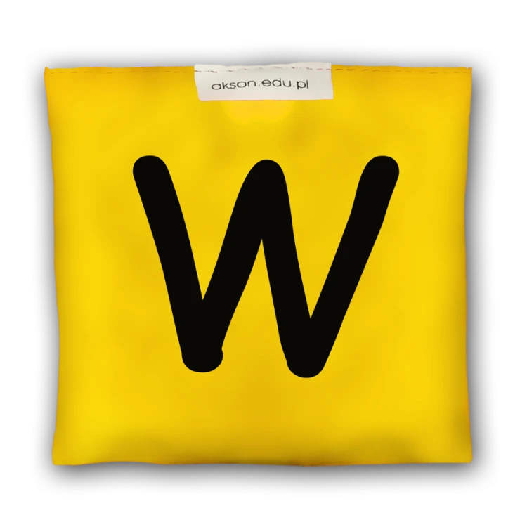 Woreczek gimnastyczny z literką W Akson — żółty, detal materiału i nadruku, wymiary 10×12 cm