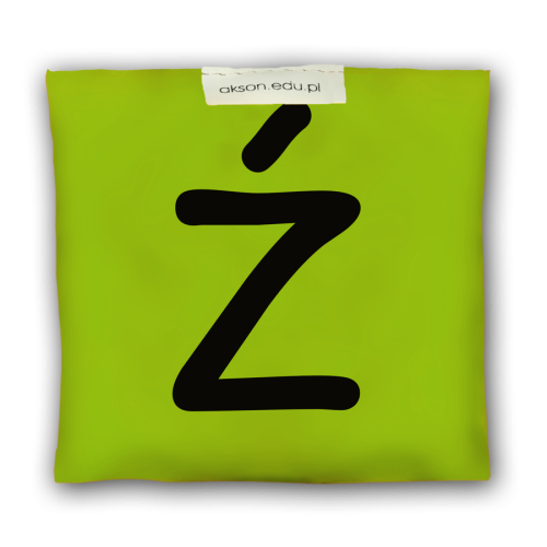 Woreczek gimnastyczny z literką Ź Akson, zielony — detal nadruku i tkaniny; wym. 10 cm x 12 cm