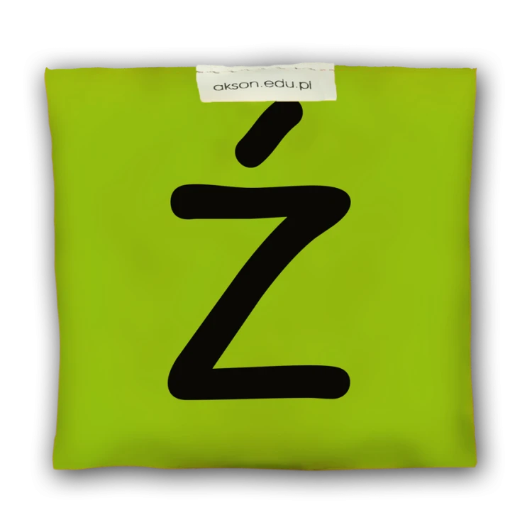 Woreczek gimnastyczny z literką Ź Akson, zielony — detal nadruku i tkaniny; wym. 10 cm x 12 cm