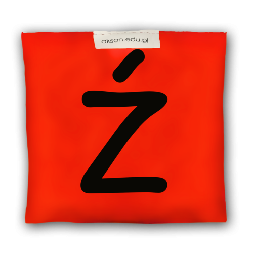 Woreczek gimnastyczny z literką Ź Akson — czerwony woreczek 10 cm x 12 cm, detal nadruku i materiału