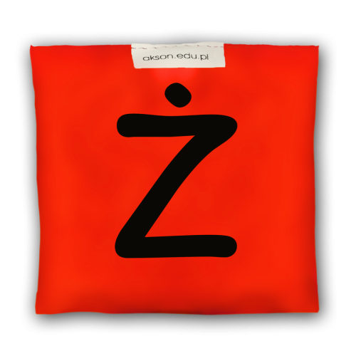 Woreczek gimnastyczny z literką Ż Akson — czerwony woreczek 10 cm x 12 cm, widok z przodu z nadrukiem litery, detal tkaniny
