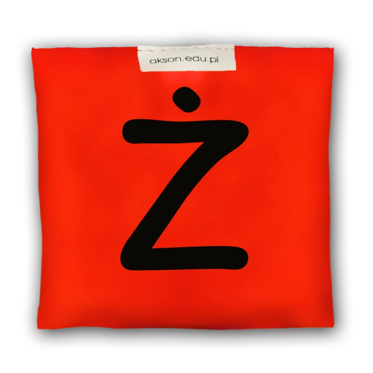 Woreczek gimnastyczny z literką Ż Akson — czerwony woreczek 10 cm x 12 cm, widok z przodu z nadrukiem litery, detal tkaniny