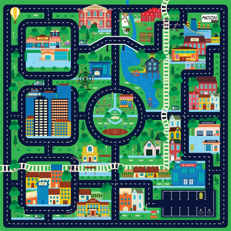 Mata animacyjna MIASTO 100x100 cm Akson — widok z góry z kolorowym nadrukiem i polami zabaw