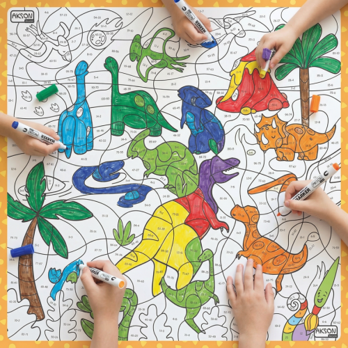 Mata suchościeralna matematyczna Dinozaury 100x100 cm marki Akson — widok całej planszy do kolorowania