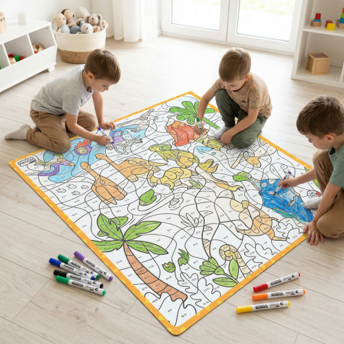 Zbliżenie na pola z zadaniami matematycznymi i legendę kolorów — Mata Dinozaury Akson 100x100 cm