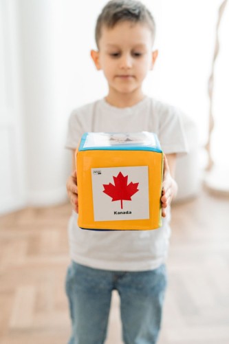Kostka edukacyjna Akson — zbliżenie na przeźroczystą kieszonkę 12x12x12 cm z kartami zabytków