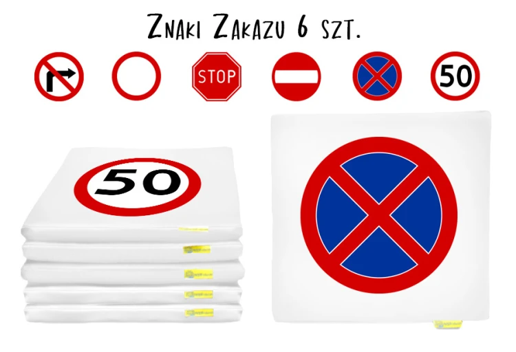 Poduszka kwadratowa ZNAKI ZAKAZU Akson, widok pojedynczej poduszki 35×35 cm z nadrukiem znaku zakazu oraz detal materiału ekoskóry