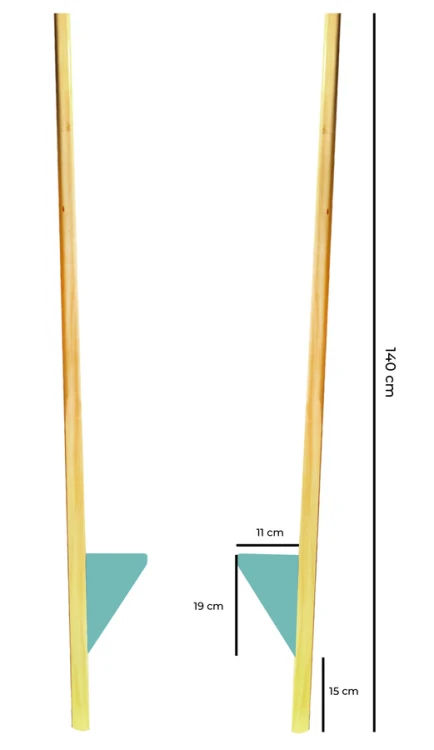Szczudła drewniane Akson — ujęcie boczne pokazujące długość 140 cm i zaokrąglone brzegi trzonu